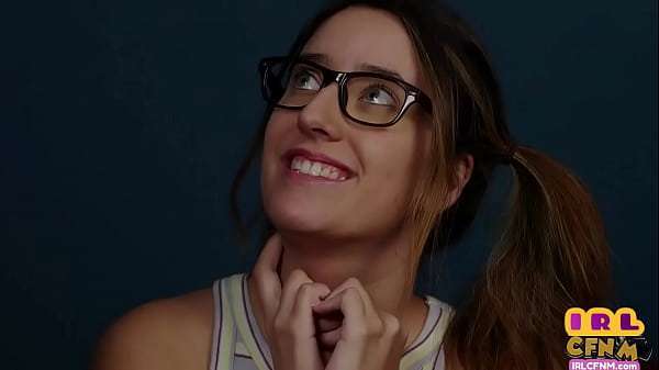 CFNM amateur chick with glasses sucking and tugging cock