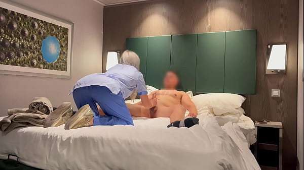 I surprise the cleaning girl from the cruise room service and she helps me finish cumming by giving me a blowjob