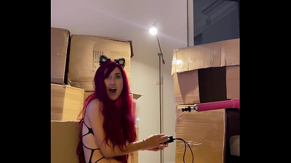 Me- Red haired Teen Beauty Girl dances sexy Striptease and prepares Sex Machine with DIldo in Mouth