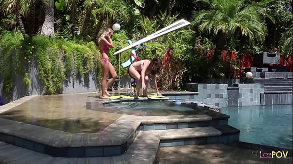 Two beautiful vixens are sitting by the pool and then go inside for an intense fuck