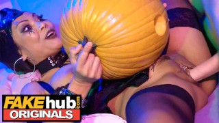 Fakehub Originals – College teen fucks a pumpkin at Halloween house party before getting lucky with hot Thai girl in cosplay