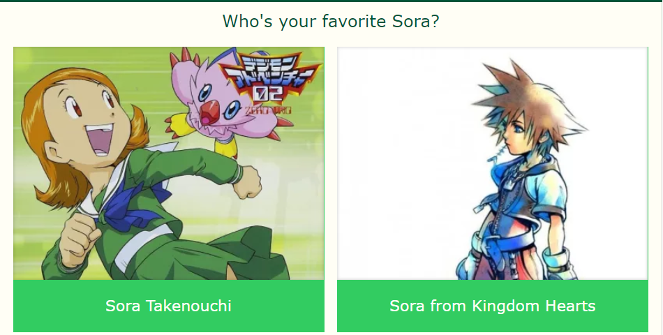 Sora (Kingdom Hearts) Versus Takenouchi (Digimon Series)