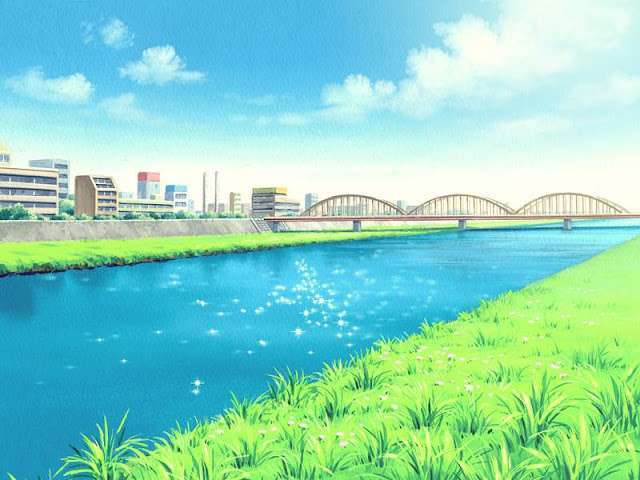 City River & Bridge (Anime Background)
